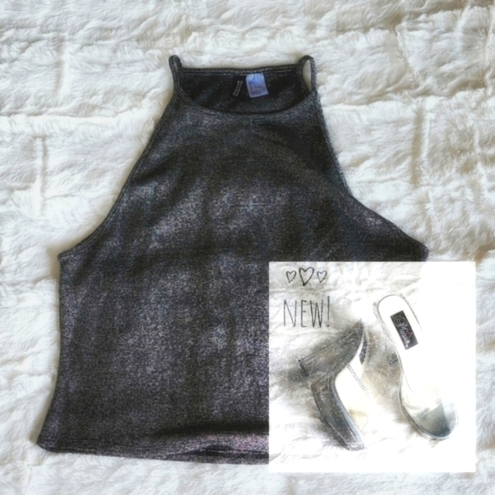 H&M, DIVIDED, Large, Sparkle, Black, Silver, Metallic, Halter, Top, Disco, Luxe
